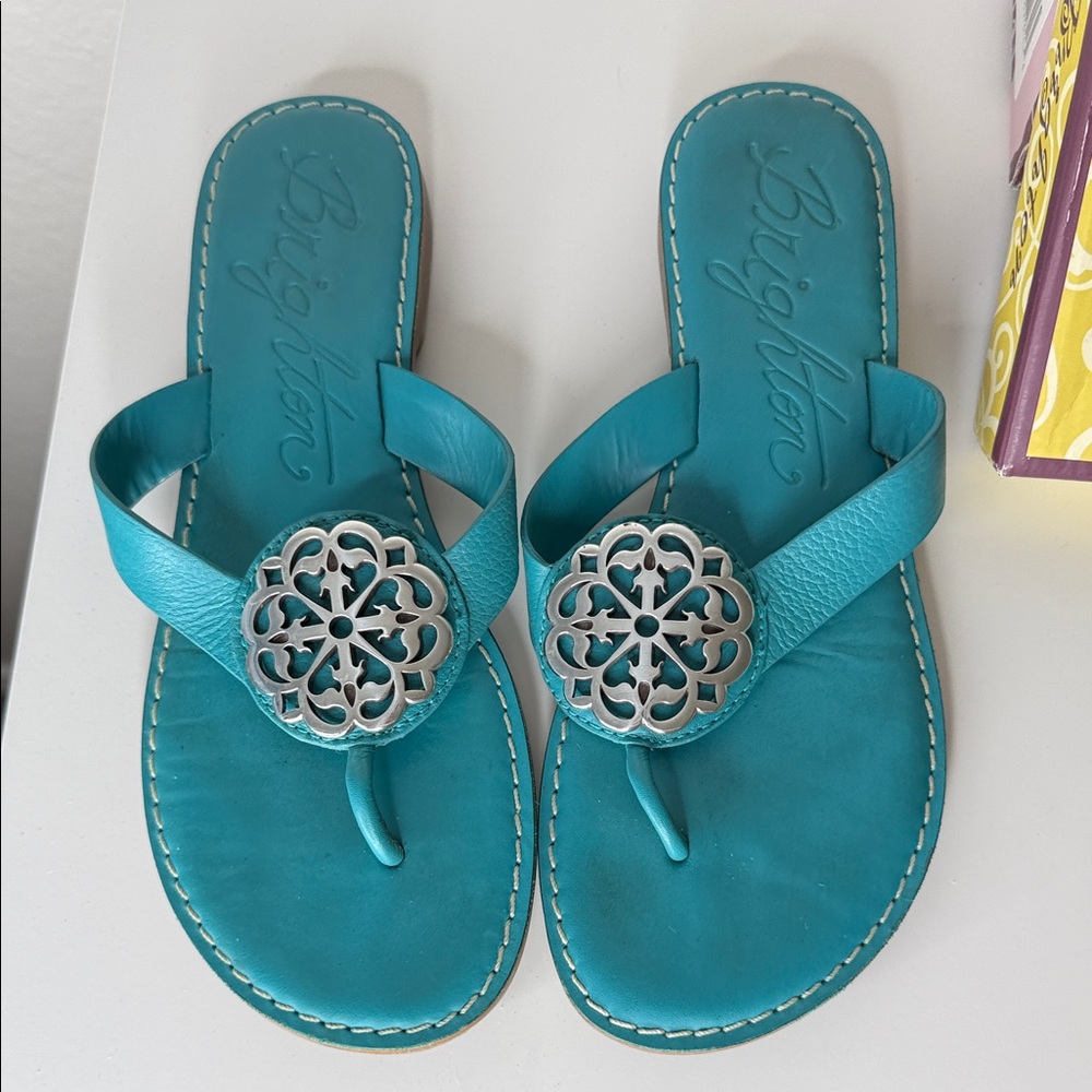 Brighton Turquoise Leather Thong Sandals with Silver Filigree Medallions